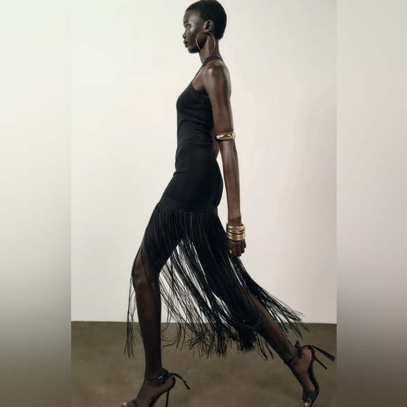 NWT ZARA LONG STRETCH FRINGE DRESS SIZE S - Picture 7 of 12